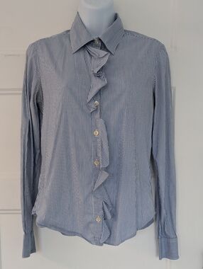 Moschino Cheap & Chic Blue Stripe Ruffle Button Down Shirt Size 8